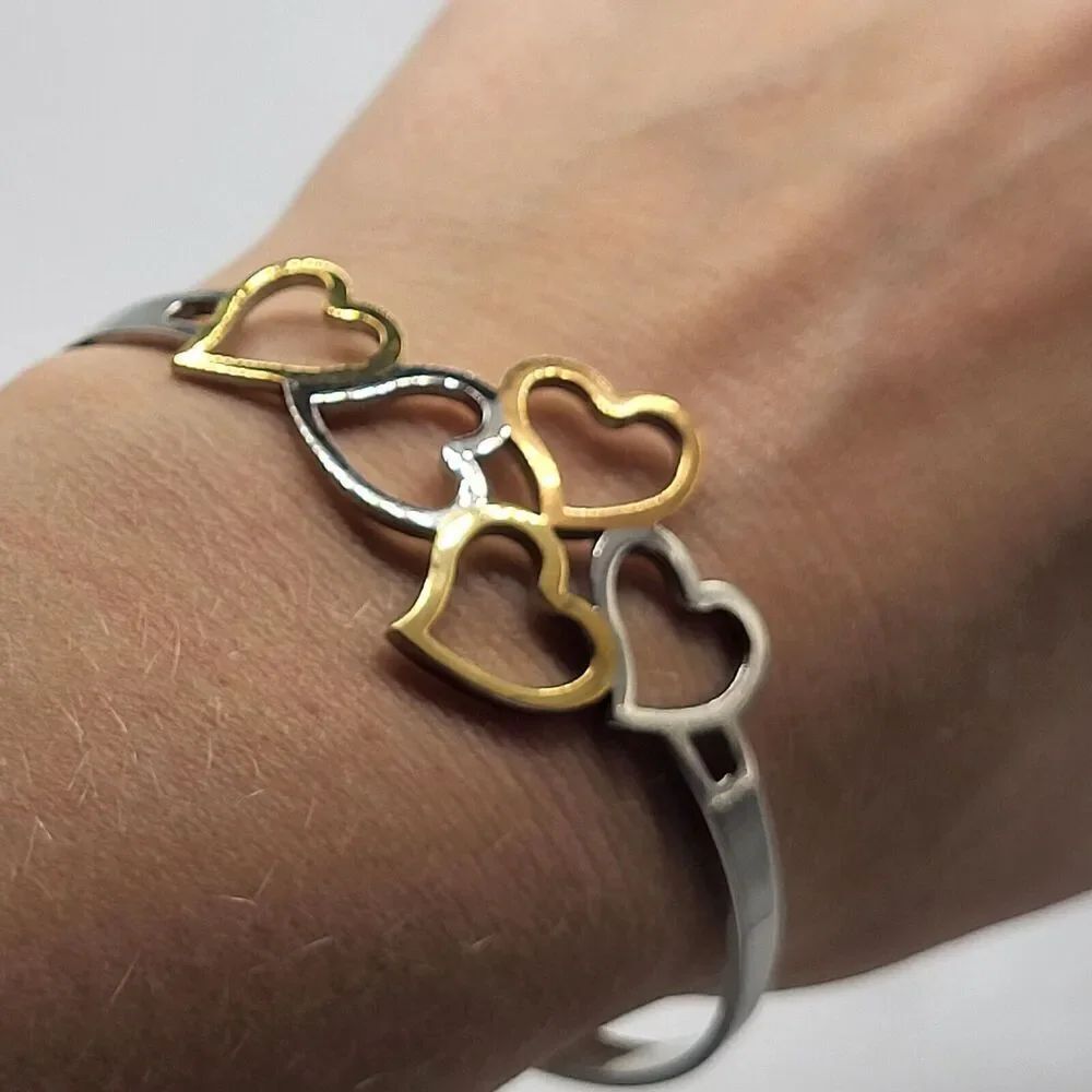 Stainless Steel Brass, Copper, Dainty Heart Cuff Bangle Bracelet Signed MC 7.5"